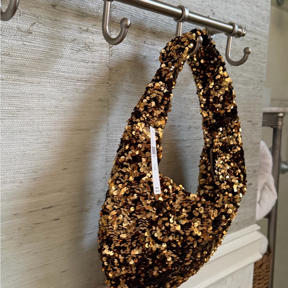 NWT new Anthropologie paillette sequin crescent bag gold purse - Picture 6 of 15